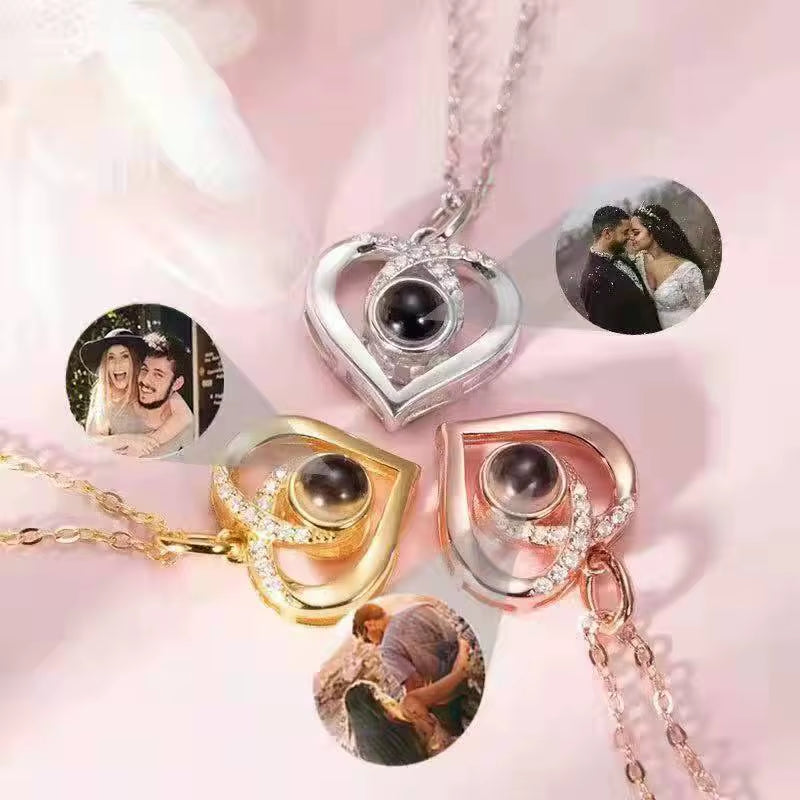 WGPTBDL Valentine'S Day Gift Photo Custom Projection Necklace Simple Heart Shaped Projection Necklace Lover Family Memory Gift